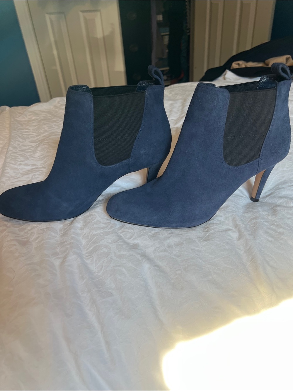 Clarks Navy Suede Chelsea Ankle Booties with 3” Heel